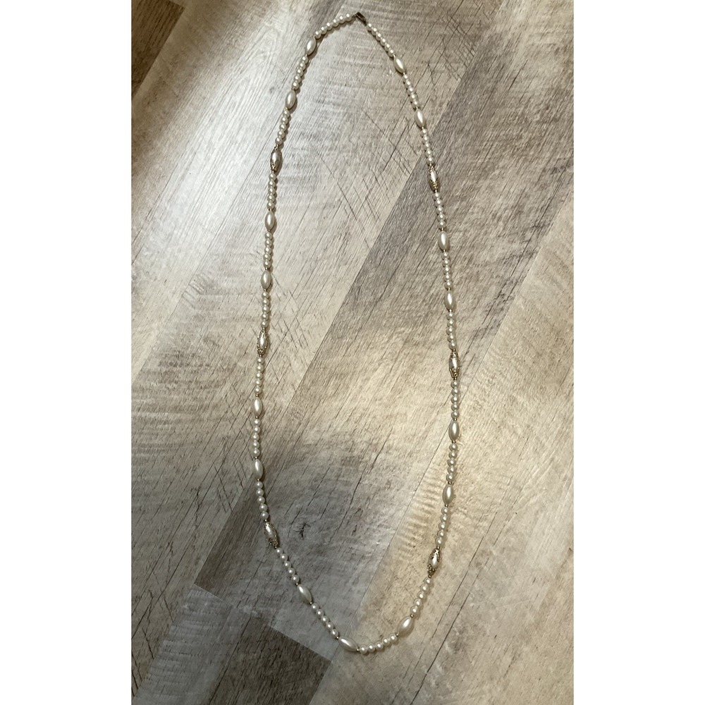 Vtg Hong Kong Long Necklace Faux Pearl Gold Tone Wedding Formal